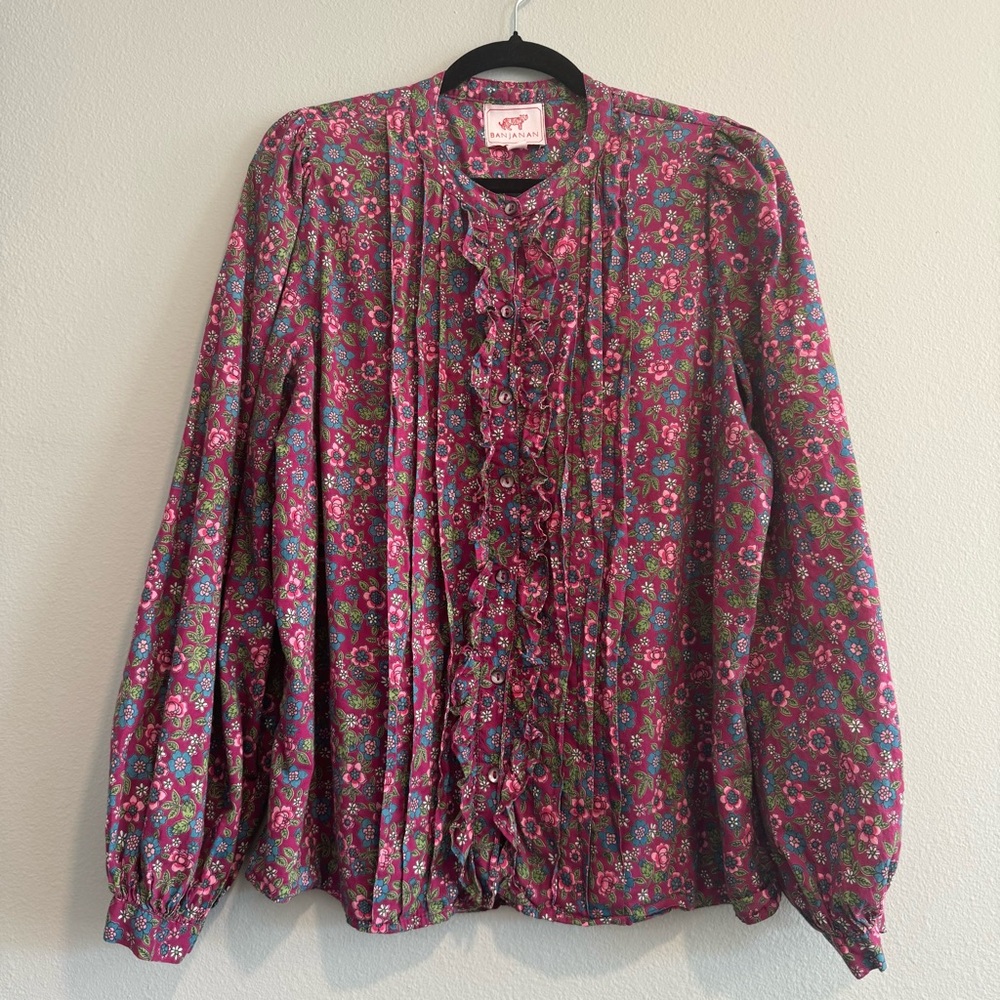 Banjanan Floral Ruffled Button-Up Blouse in Magenta and Green